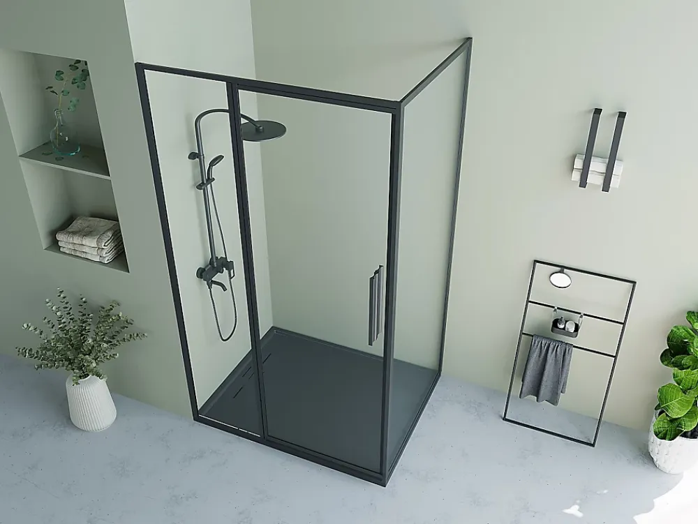 Vente-unique Paroi de douche avec porte pivotante noir mat style industriel - 120 x 80 x 195 cm - TORONI