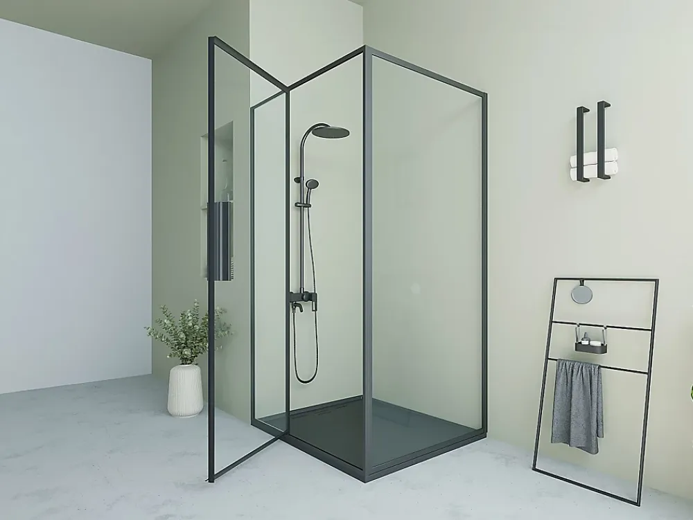 Vente-unique Paroi de douche avec porte pivotante noir mat style industriel - 120 x 80 x 195 cm - TORONI