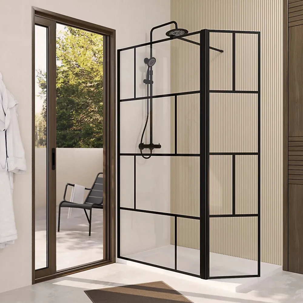 Aurlane Paroi de Douche avec Volet Pivotant 120+40x195cm - Verre 8mm Anticalcaire - Motifs et Profilés Noir