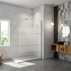 Paroi de douche chrome 140x190cm,6mm verre anticalcaire avec bandes horizontales sérigraphiées,barre de fixation 140cm en carré