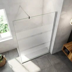 Paroi de douche chrome 120x190cm,6mm verre anticalcaire avec bandes horizontales sérigraphiées,barre de fixation 140cm en carré