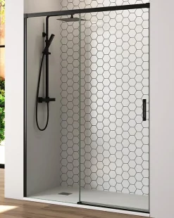 Baño Total Paroi de douche coulissante 1 porte 1 fixe 1 porte 175 cm (Adaptable 169-174cm) Verre 6 mm clair anti-calcaire Perfil Negro