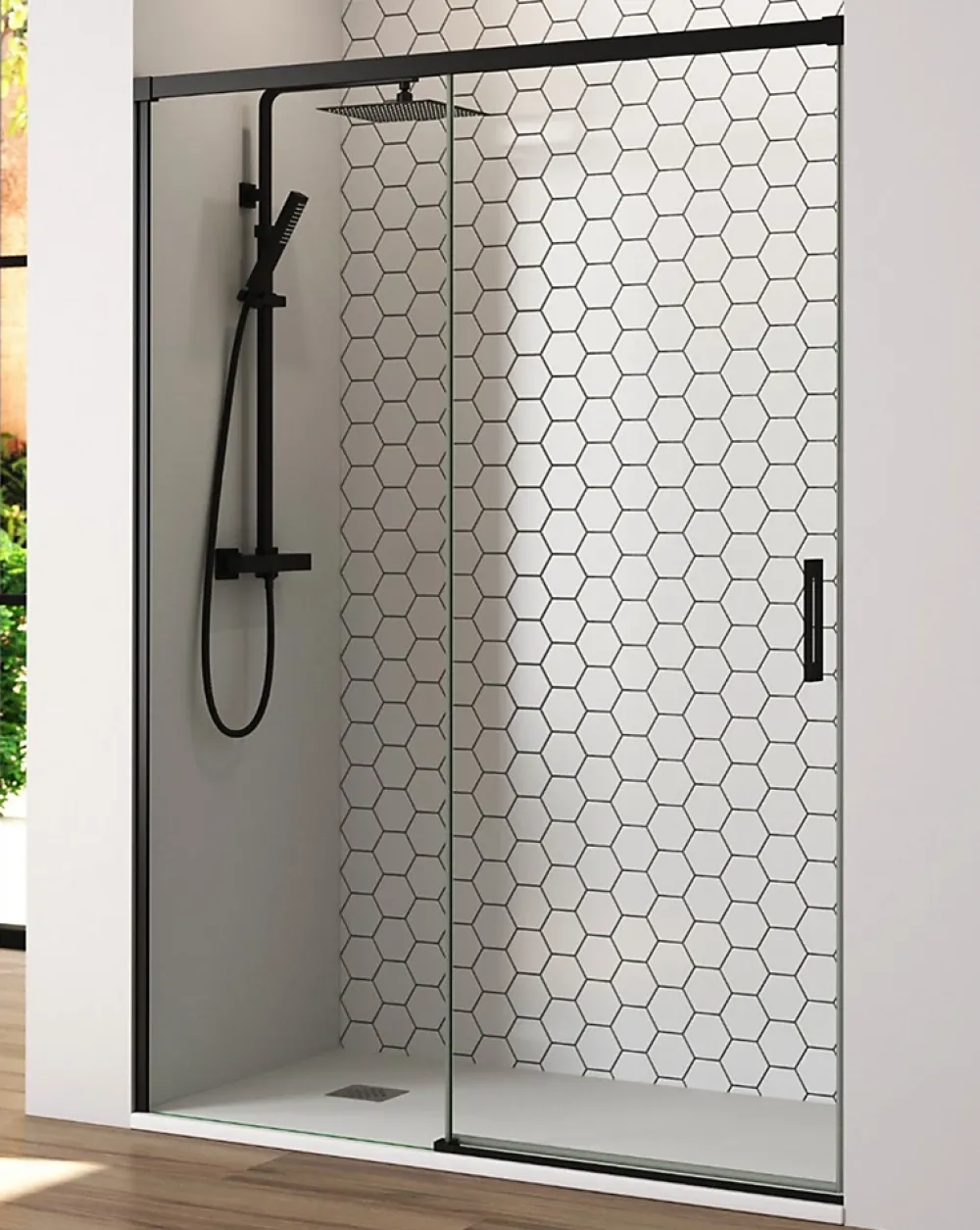 Baño Total Paroi de douche coulissante 1 porte 1 fixe 1 porte 175 cm (Adaptable 169-174cm) Verre 6 mm clair anti-calcaire Perfil Negro