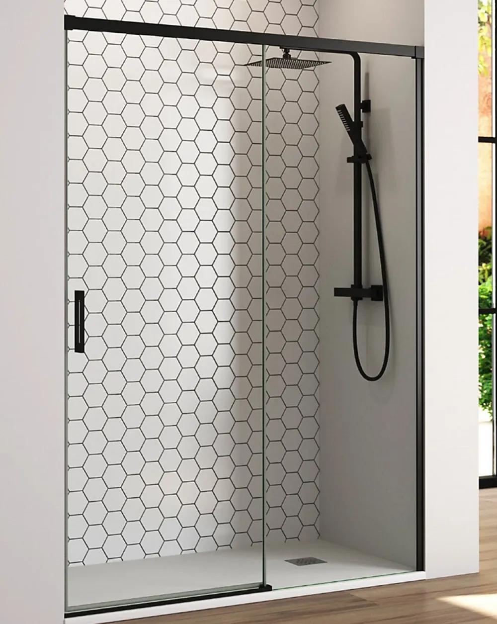 Baño Total Paroi de douche coulissante 1 porte 1 fixe 1 porte 175 cm (Adaptable 169-174cm) Verre 6 mm clair anti-calcaire Perfil Negro