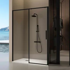 Porte De Douche|Kassandra Paroi de douche coulissante DELTA - Noir Mat - 143-145.6 cm - Fermeture amortie - Réversible - Anticalcaire