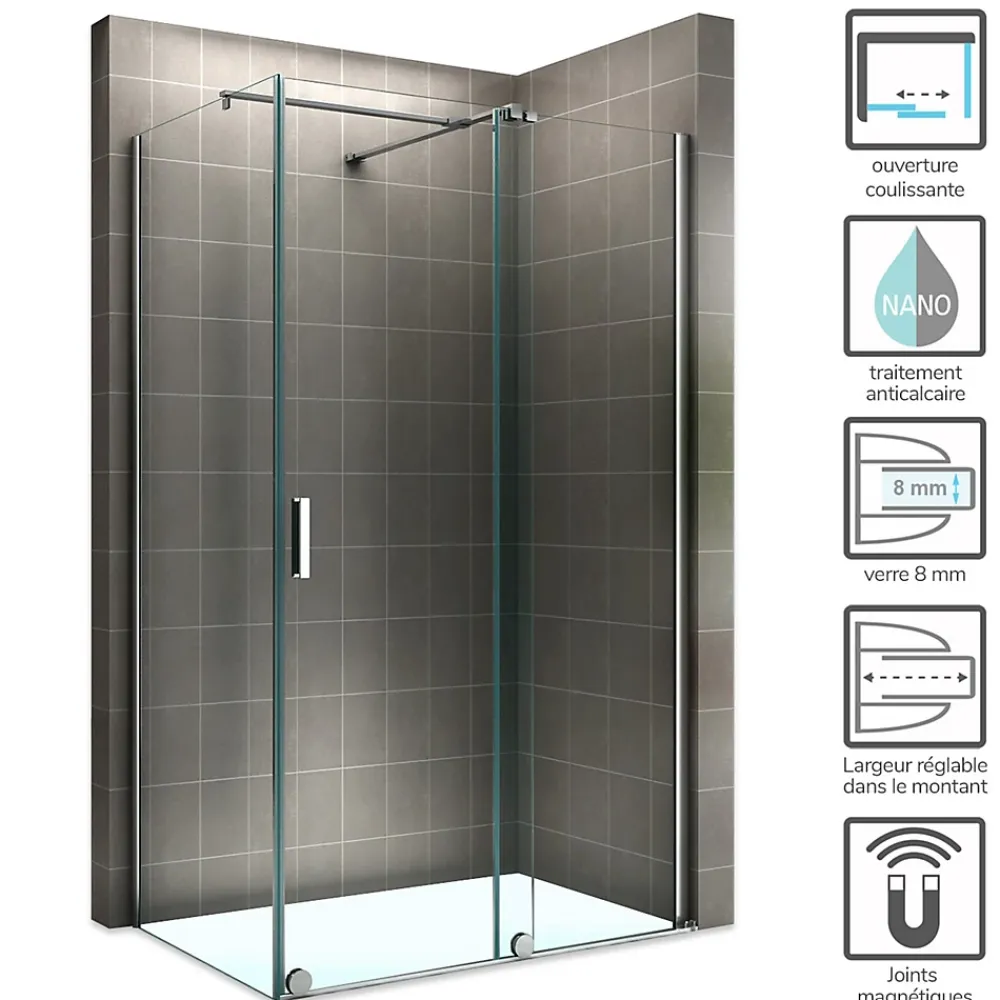 Paroi De Douche|Saniverre Paroi de douche d'angle NAPOLI H.200 cm porte coulissante verre 8 mm transparent 90 x 160 cm (porte 160) -