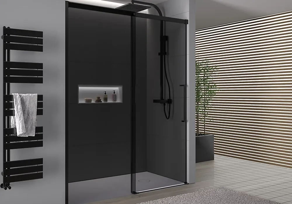 Porte De Douche|Bernstein Paroi de douche en niche 195x110cm, profil noir mat, Verre gris 8mm, Cabine de douche encastrée porte coulissante - DX906 FLEX