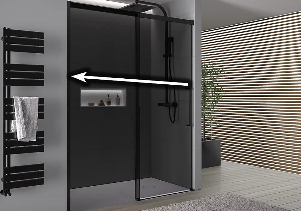 Porte De Douche|Bernstein Paroi de douche en niche 195x110cm, profil noir mat, Verre gris 8mm, Cabine de douche encastrée porte coulissante - DX906 FLEX