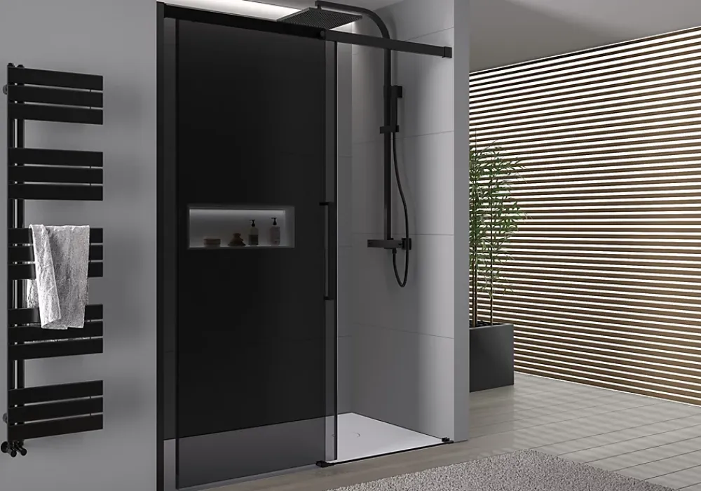 Porte De Douche|Bernstein Paroi de douche en niche 195x110cm, profil noir mat, Verre gris 8mm, Cabine de douche encastrée porte coulissante - DX906 FLEX