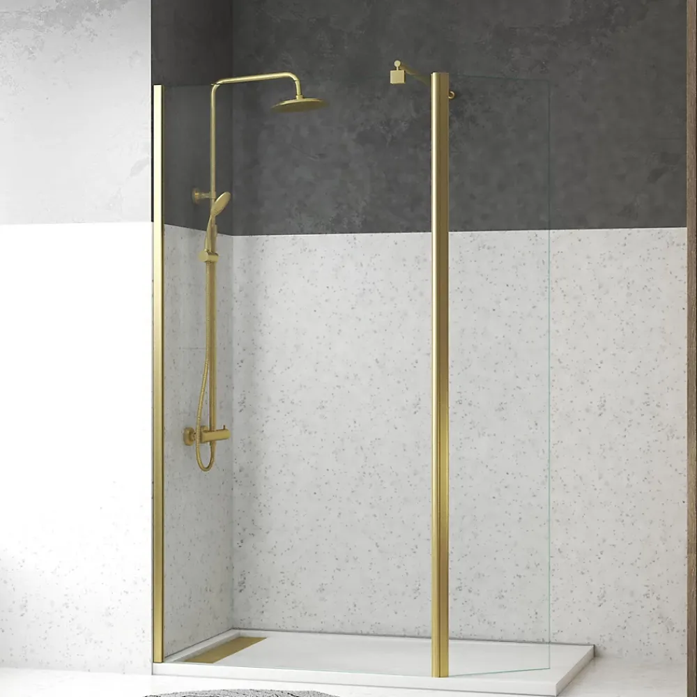 Paroi De Douche|Aurlane Paroi de Douche et Volet Pivotant 100+40x200 cm - Profilé + Barre de Fixation Or Doré Brossé
