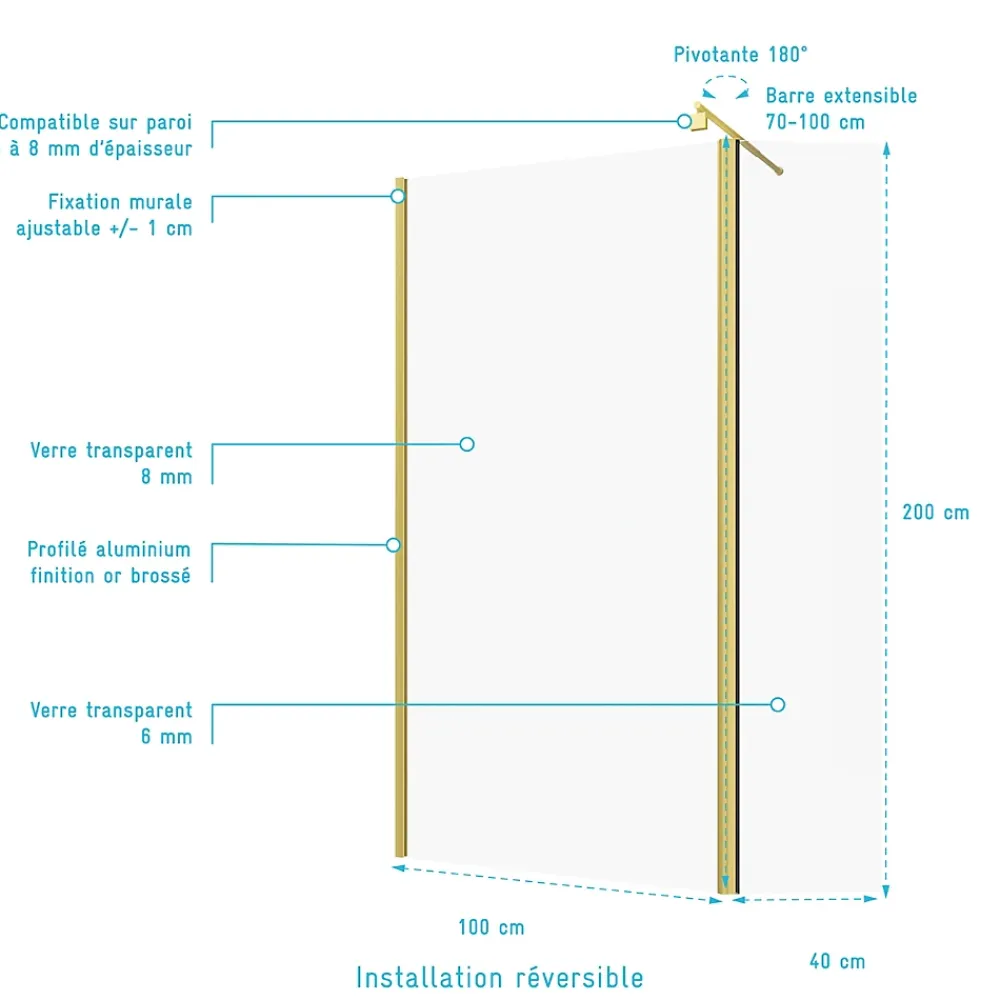 Paroi De Douche|Aurlane Paroi de Douche et Volet Pivotant 100+40x200 cm - Profilé + Barre de Fixation Or Doré Brossé
