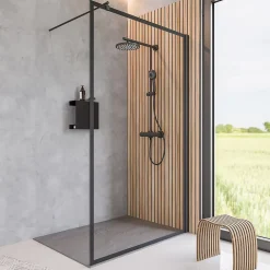 Paroi De Douche| Paroi de douche fixe à l'italienne l.100xH.200cm, Walk In, verre transparent 6mm, profilé noir mat, Schulte New Style