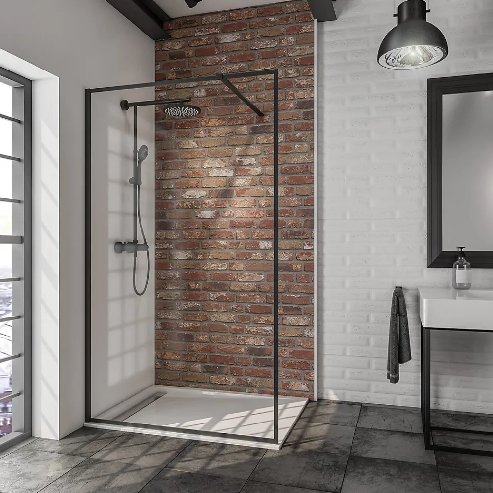Paroi De Douche| Paroi de douche fixe à l'italienne l.100xH.200cm, Walk In, verre transparent 6mm, profilé noir mat, Schulte New Style