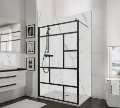 Paroi De Douche| Paroi de douche fixe à l'italienne l.140xH.200cm, Walk In verrière atelier, verre transparent anticalcaire 6mm, profilé noir mat, Schulte NewStyle