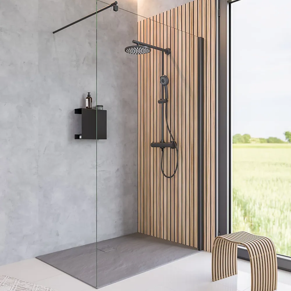 Paroi de douche fixe à l'italienne l.120xH.190cm, Walk In, verre transparent anticalcaire 6mm, profilé noir, Schulte NewStyle