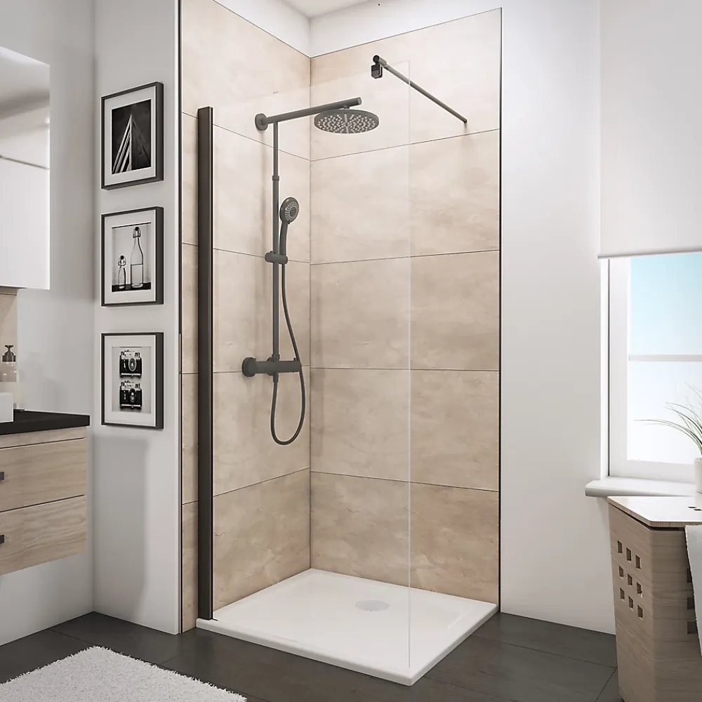 Paroi de douche fixe à l'italienne l.120xH.190cm, Walk In, verre transparent anticalcaire 6mm, profilé noir, Schulte NewStyle