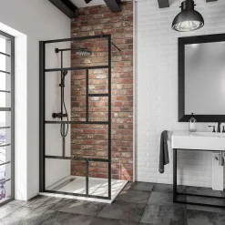 Paroi de douche fixe à l'italienne l.120xH.200cm, Walk In verrière atelier, verre transparent anticalcaire 6mm, profilé noir mat, Schulte NewStyle