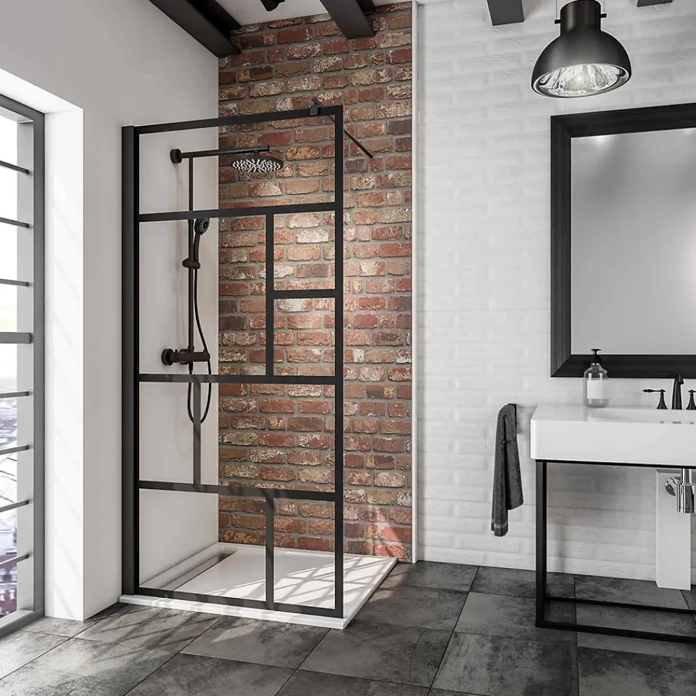 Paroi de douche fixe à l'italienne l.120xH.200cm, Walk In verrière atelier, verre transparent anticalcaire 6mm, profilé noir mat, Schulte NewStyle