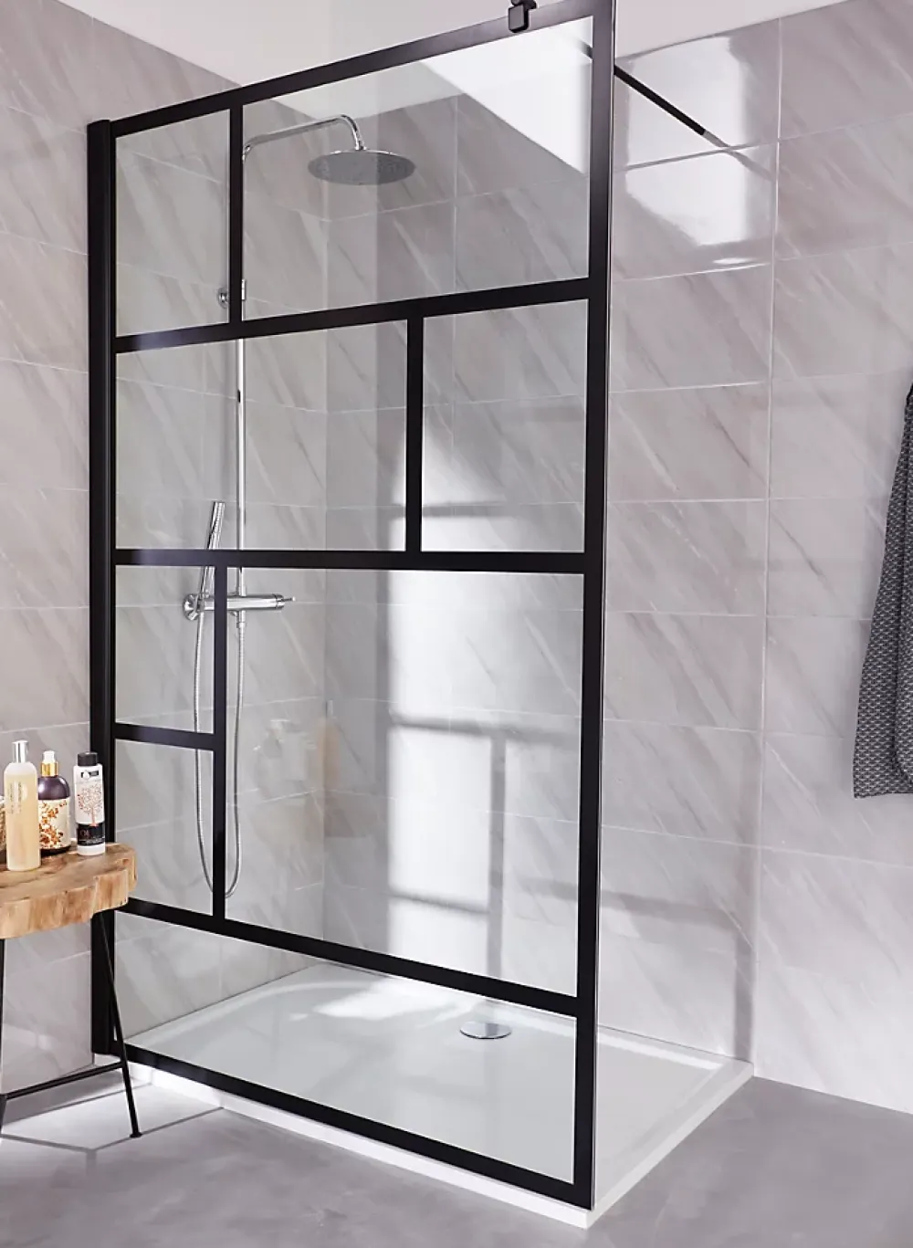 Paroi de douche fixe à l'italienne l.120xH.200cm, Walk In verrière atelier, verre transparent anticalcaire 6mm, profilé noir mat, Schulte NewStyle