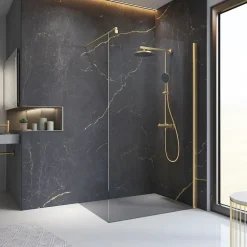 Paroi de douche fixe à l'italienne l.120xH.200cm, Walk In, verre transparent anticalcaire 6mm, profilé doré mat, Schulte NewStyle