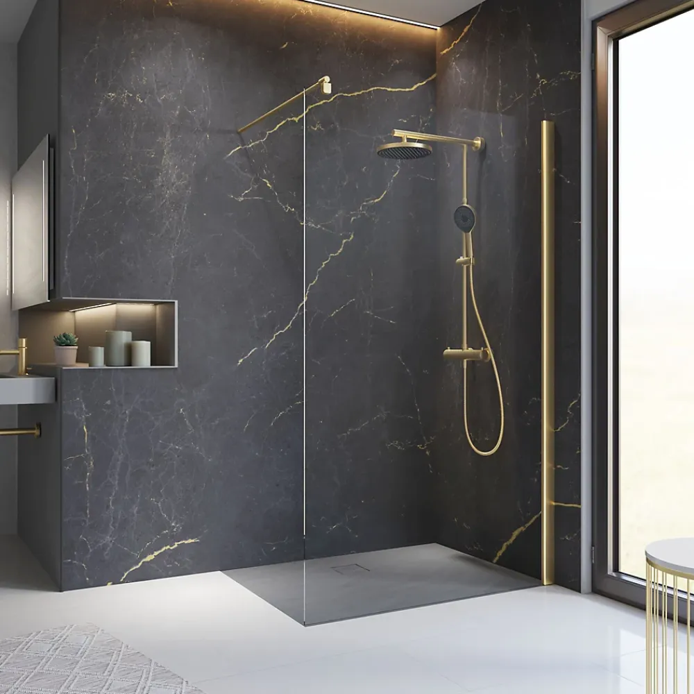 Paroi de douche fixe à l'italienne l.120xH.200cm, Walk In, verre transparent anticalcaire 6mm, profilé doré mat, Schulte NewStyle