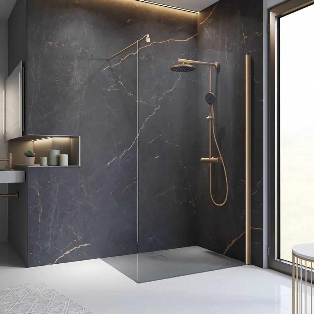 Paroi de douche fixe à l'italienne l.90xH.200cm, Walk In, verre transparent anticalcaire 6mm, profilé cuivré, Schulte NewStyle