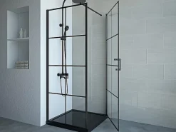 Paroi De Douche|Vente-unique Paroi de douche fixe avec porte pivotante serigraphiée noir mat - 80 x 80 x 190 cm - CAPARICA