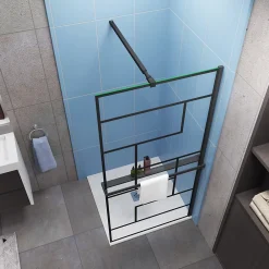 Paroi De Douche| Paroi de douche fixe noir 100x200 cm verre 8mm anticalcaire style moderne + étagère alu 100 cm + barre fixation 73-120 cm