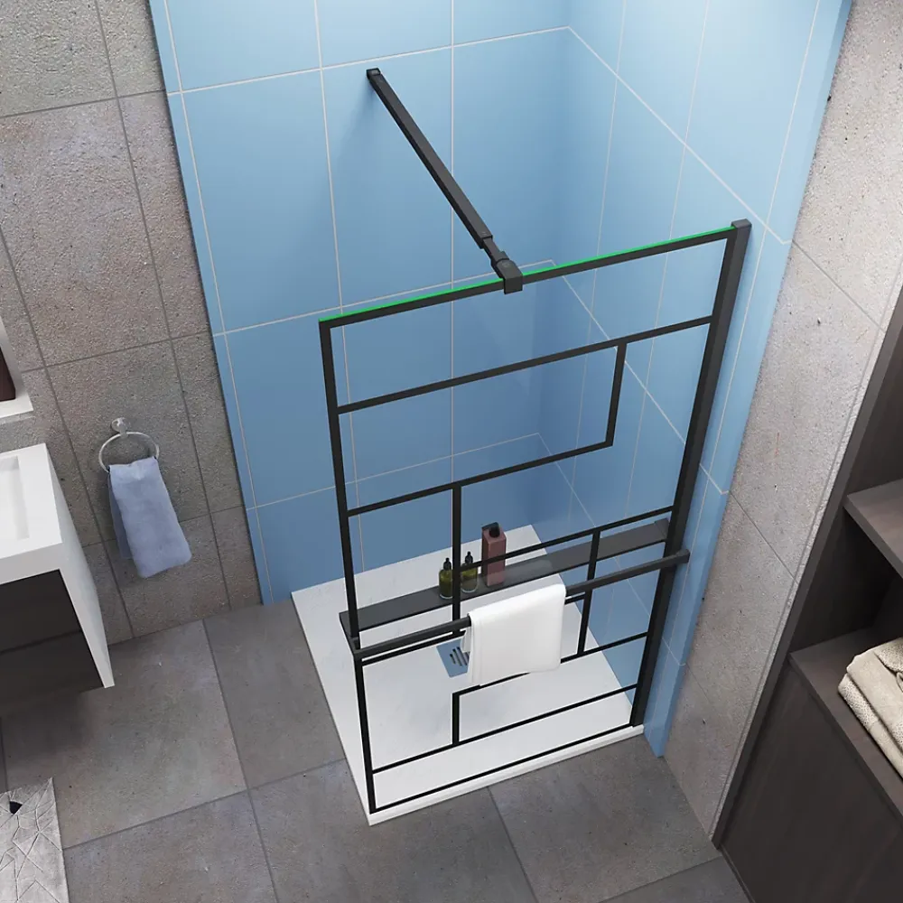 Paroi De Douche| Paroi de douche fixe noir 100x200 cm verre 8mm anticalcaire style moderne + étagère alu 100 cm + barre fixation 73-120 cm