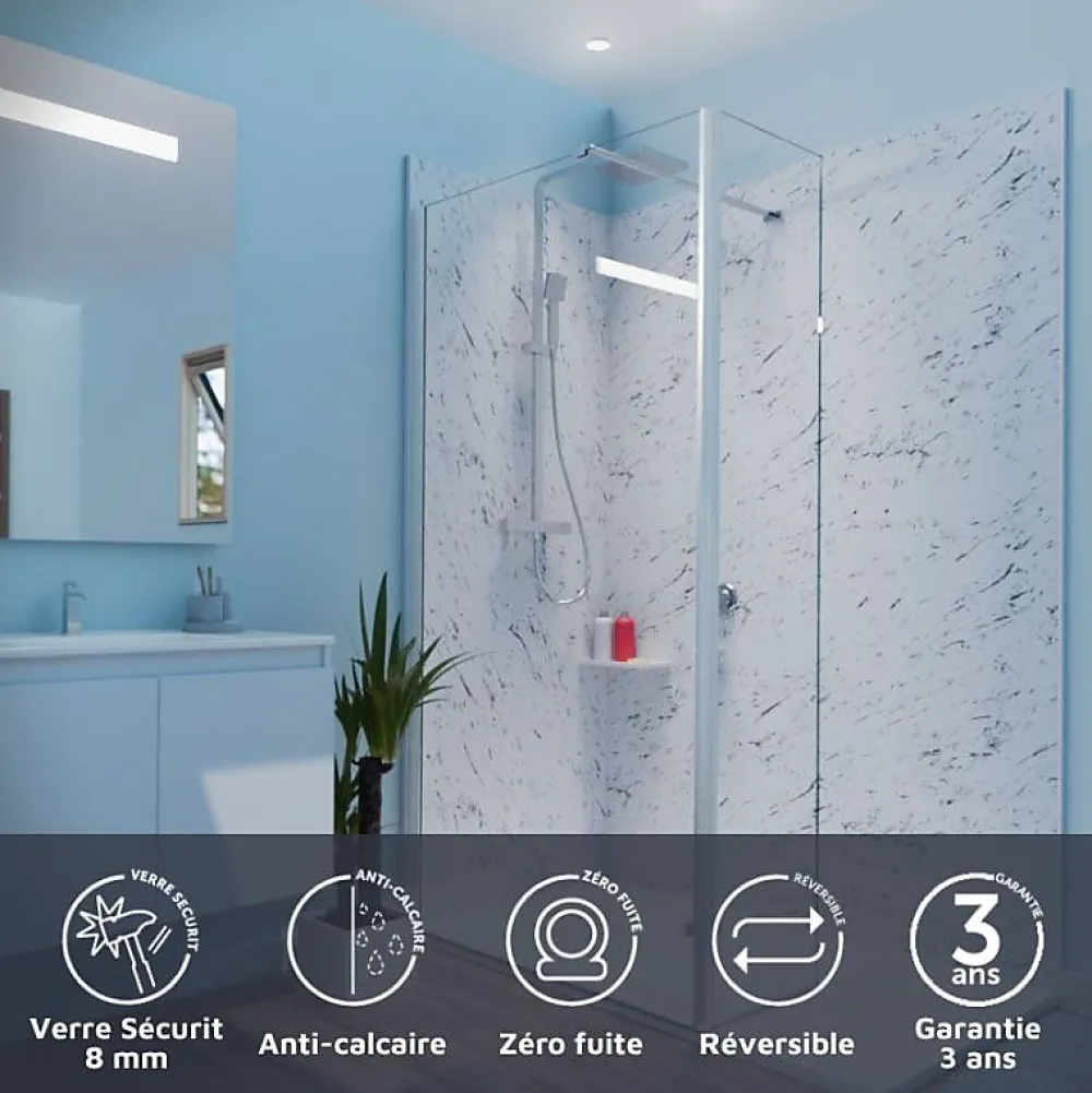 Cuisibane Paroi de douche italienne 100+40 x 200cm CALYPSO verre 8 mm avec volet pivotant