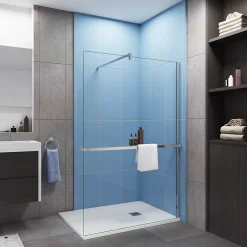 Paroi de douche italienne 140x200 cm - verre 8mm anticalcaire + barre fixation 90 cm avec pince + étagère de Douche alu 140 cm