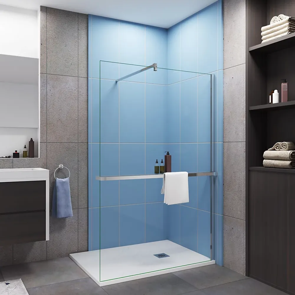 Paroi de douche italienne 140x200 cm - verre 8mm anticalcaire + barre fixation 90 cm avec pince + étagère de Douche alu 140 cm