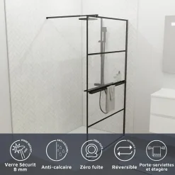 Cuisibane Paroi de douche noir mat avec porte-serviette et tablette DARKY 110 cm