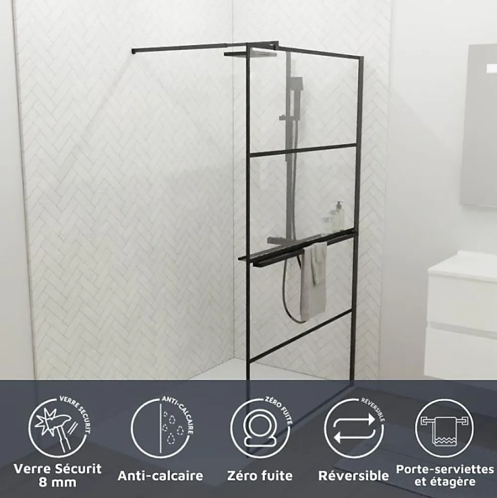Cuisibane Paroi de douche noir mat avec porte-serviette et tablette DARKY 110 cm