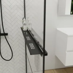 Cuisibane Paroi de douche noir mat avec porte-serviette et tablette DARKY 110 cm