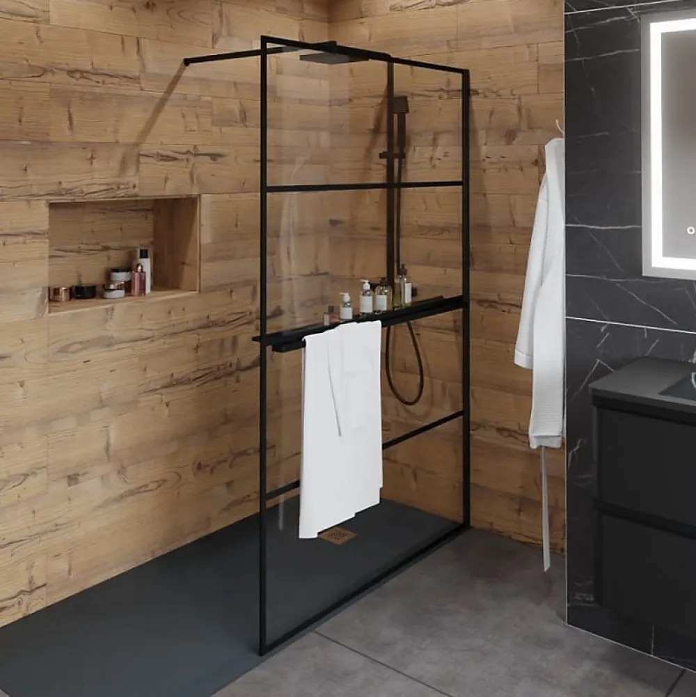 Cuisibane Paroi de douche noir mat avec porte-serviette et tablette DARKY 110 cm