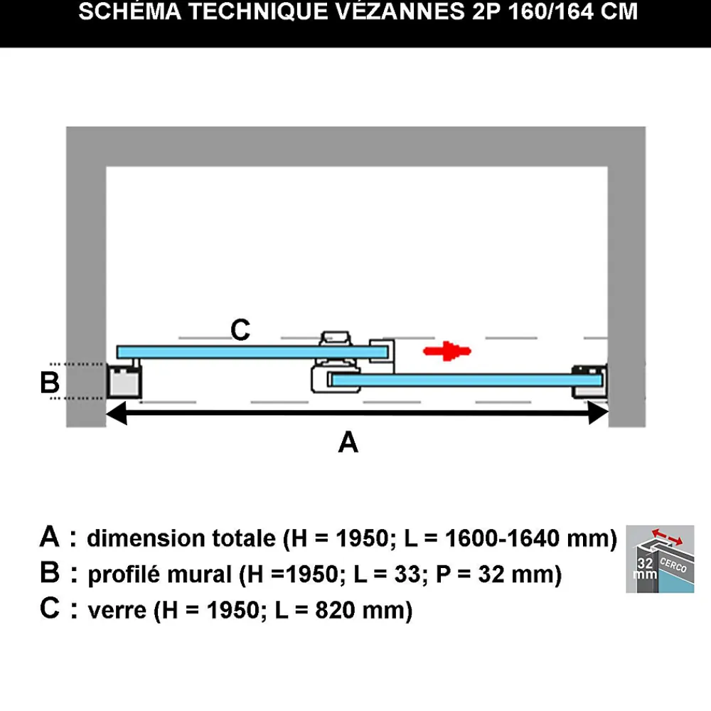 Porte De Douche|Superban Paroi de douche porte coulissante DROITE en verre ép 6mm L160/164xH195 cm - profilé noir mat - Vézannes 2P