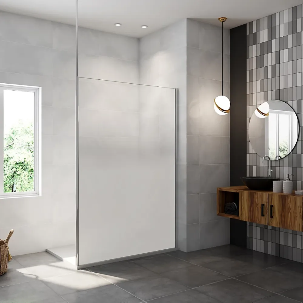 Paroi de douche verre trempé sérigraphié Brume en 8 mm verre - 90 x 200 cm - Profilés chrome avec barre de fixation 90cm