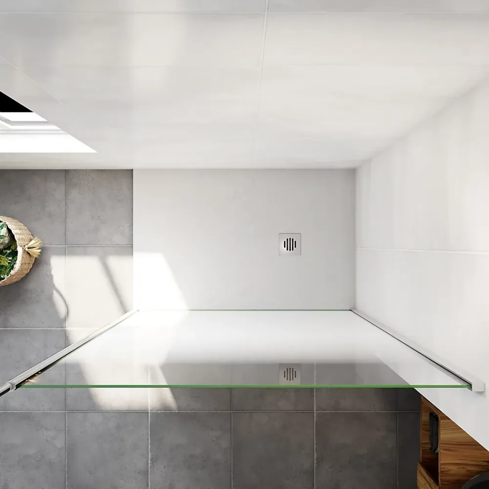 Paroi de douche verre trempé sérigraphié Brume en 8 mm verre - 90 x 200 cm - Profilés chrome avec barre de fixation 90cm