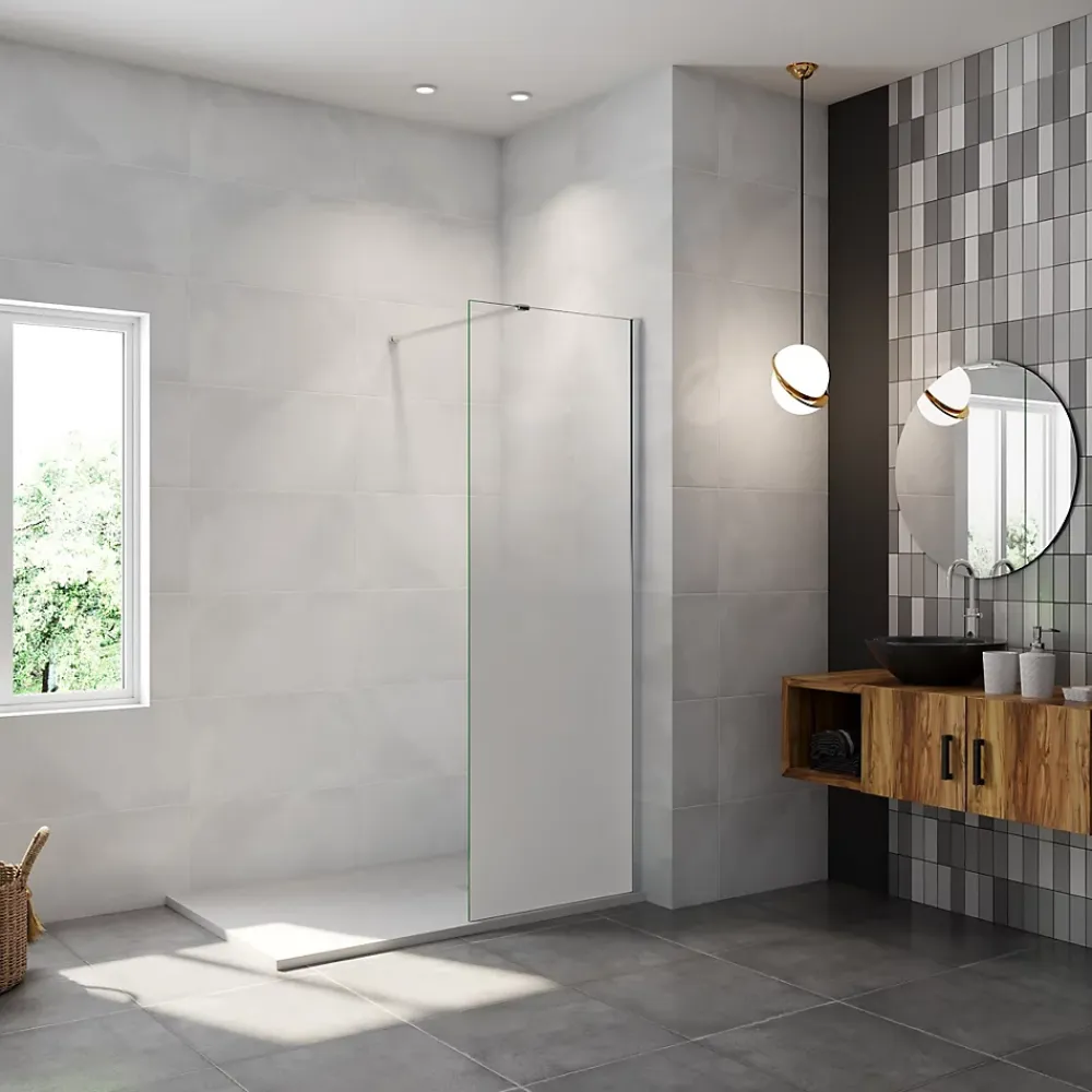 Paroi de douche verre trempé sérigraphié Brume en 8 mm verre - 50 x 200 cm - Profilés chrome avec barre de fixation 90cm