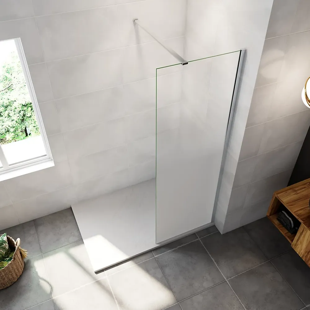 Paroi de douche verre trempé sérigraphié Brume en 8 mm verre - 50 x 200 cm - Profilés chrome avec barre de fixation 90cm