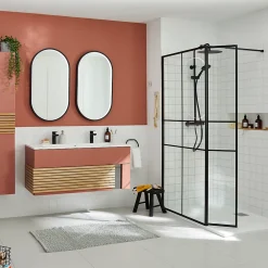 Paroi de douche walk in et volet verre transparent profilé noir 90 + 28 cm, GoodHome Ahti
