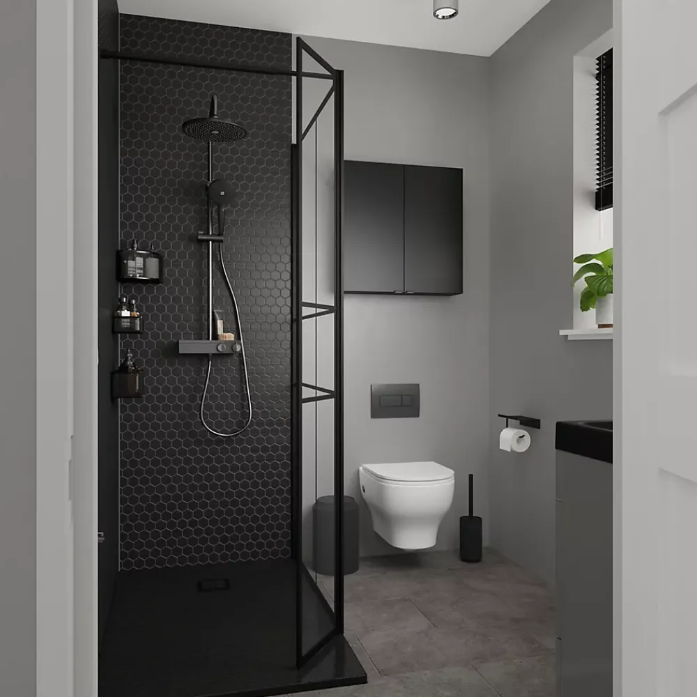 Paroi de douche walk in et volet verre transparent profilé noir 90 + 28 cm, GoodHome Ahti