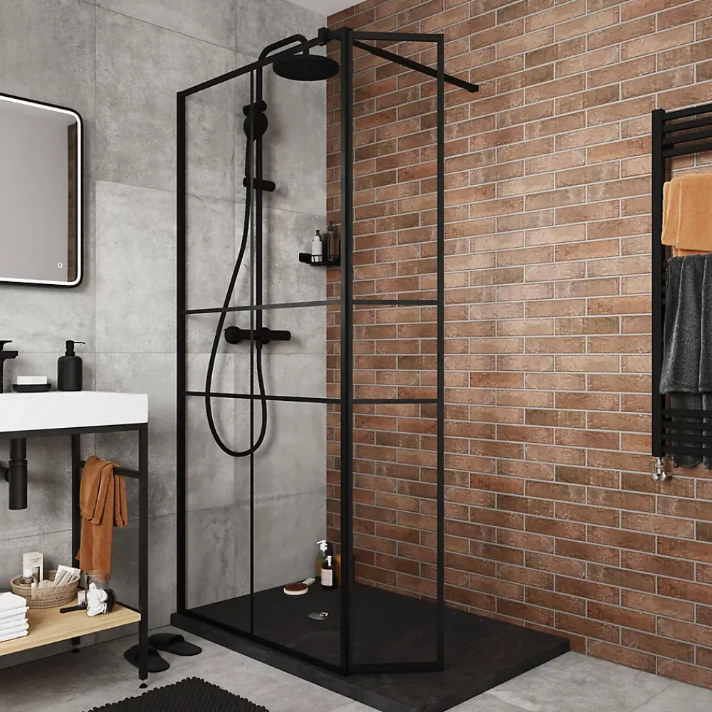 Paroi de douche walk in et volet verre transparent profilé noir 90 + 28 cm, GoodHome Ahti