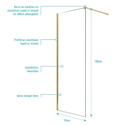 Paroi De Douche|Aurlane Paroi de Douche 70x195 cm en Verre Trempé 5 mm - Finition Or Brossé - GOLD ELEMENTARY