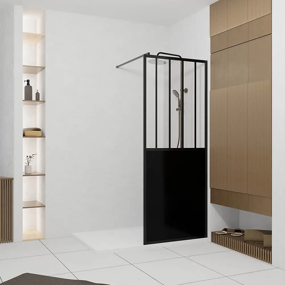 Aurlane Paroi de douche 80x200 cm type Verriere - Verre trempe et Structure aluminium noir mat - GLASSY
