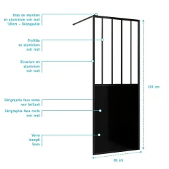 Aurlane Paroi de douche 80x200 cm type Verriere - Verre trempe et Structure aluminium noir mat - GLASSY
