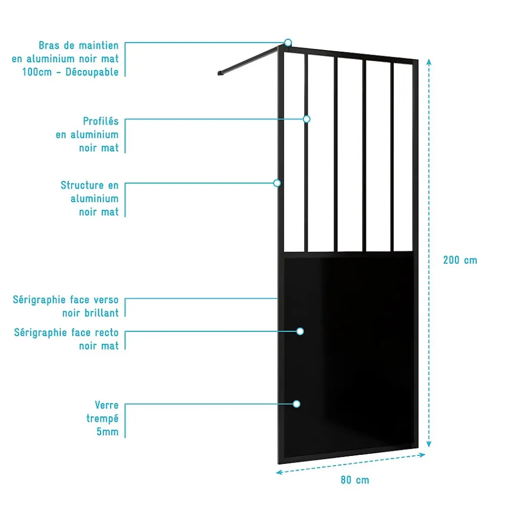 Aurlane Paroi de douche 80x200 cm type Verriere - Verre trempe et Structure aluminium noir mat - GLASSY