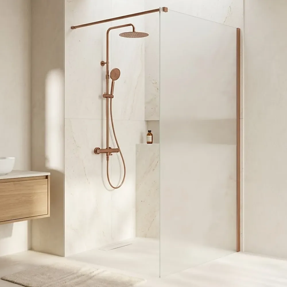 Paroi De Douche|Essebagno Paroi de douche 120x200 cm verre anticalcaire 6mm avec barre de fixation en aluminium Cuivre Brossé