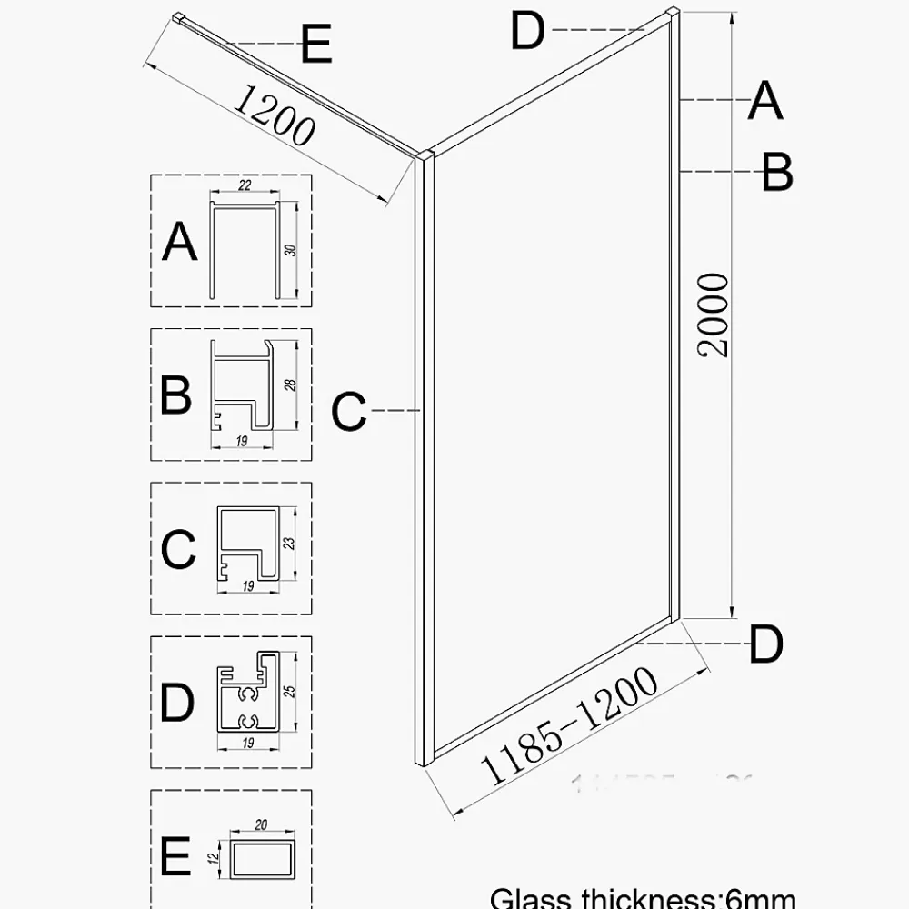 Paroi De Douche|Essebagno Paroi de douche 120x200 cm verre anticalcaire 6mm avec barre de fixation et cadre complet en aluminium Or Brossé Square